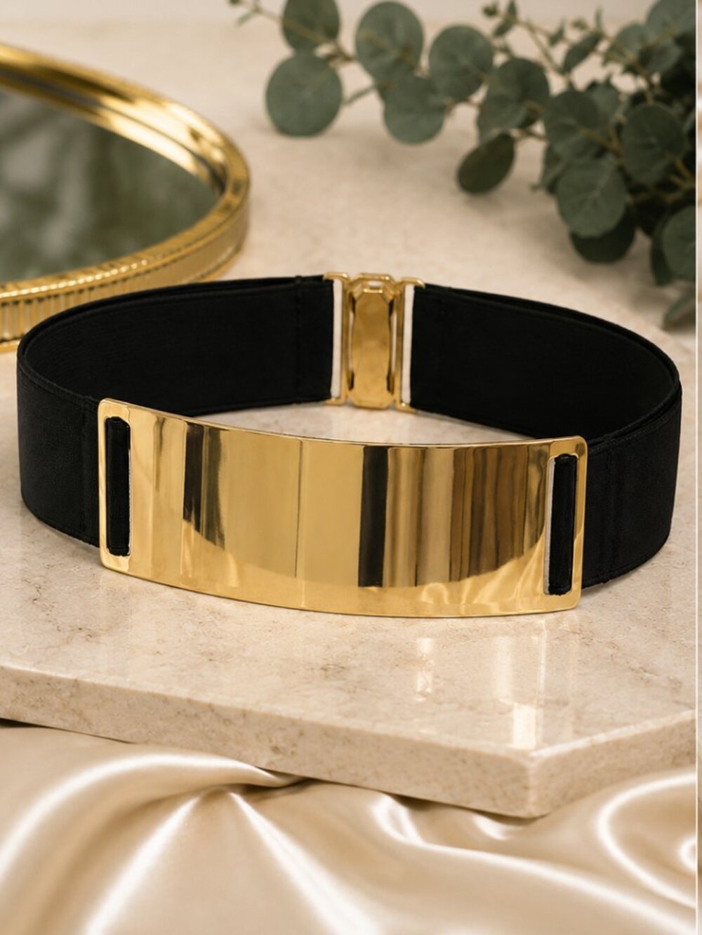 Wide Black Stretch Waist Belt with Gold Statement Buckle - Picture 2 of 13